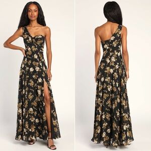 NWOT | Lulus | Fashionably Refined Black Floral Print One-Shoulder Maxi Dress